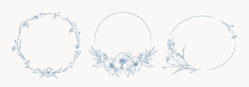 Flower vector wreath set. Hand drawn elegant floral line art. Blue botanical frame of wild and garden flowers, branches, leaves. Vector illustration for wedding invitation, save the date card, logo