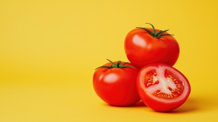 Fresh ripe tomatoes showing juicy interior on vibrant yellow background