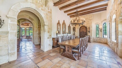 Grand dining room with stone walls, arched doorways, wooden table, and chandelier