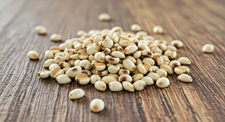 Bajra Pearl Millet Grains Scattered Rustic Wooden Surface Close-Up High Detail Earthy Tones Food Photo