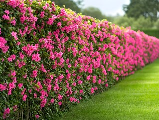 Obraz premium Vibrant Pink Flowers Blooming in Lush Green Garden Hedge - Perfect for Spring and Summer Landscaping