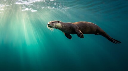 Obraz premium Otter diving underwater catch fish