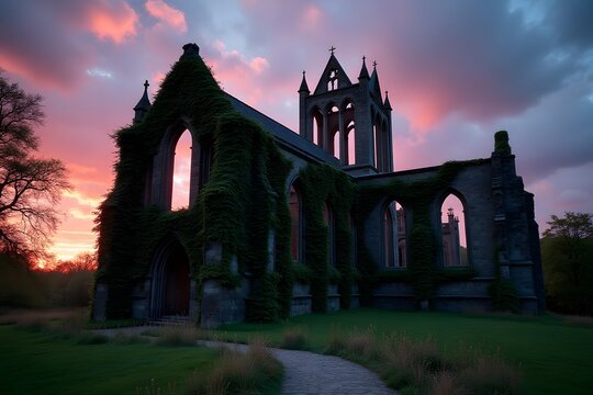 A vine-covered Gothic cathedral ruin under dramatic twilight skies.
 - Powered by Adobe
