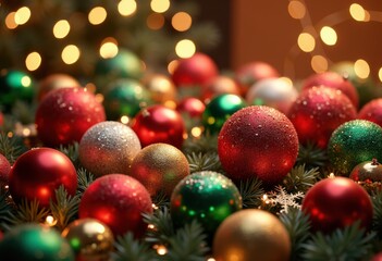 colorful holiday decorations collage festive vibrant ornaments table arrangement seasonal cheer chosen elements sparkle, lights, baubles, garland, bow, shine