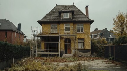 Obraz premium Unpainted house exterior with scaffolding left behind
