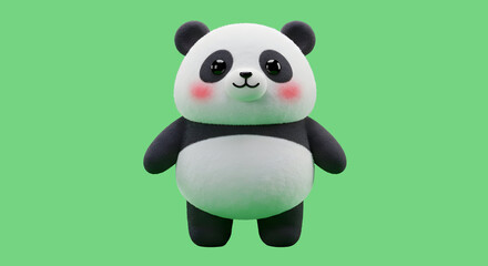 Obraz premium cute 3d panda character on green screen, round body, big cheeks, small paws, fuzzy fur texture, happy expression, colorful style, isolated, vivid lighting