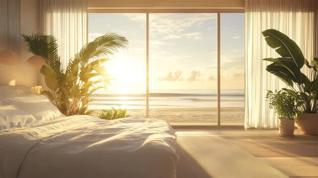 Serene beachside bedroom with sunset view and palm trees by the ocean in a tropical location
