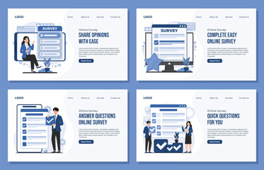 Landing page template Collection of online survey illustrations showing mobile feedback user review rating concepts designed for customer experience improvement data collection analysis needs