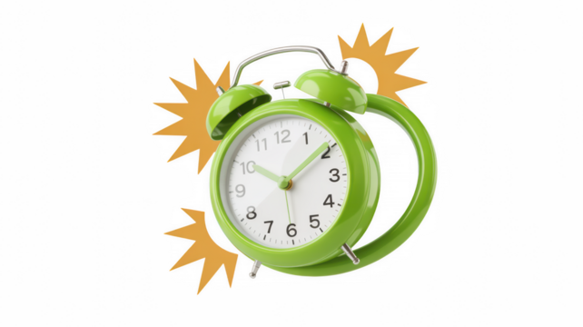 Green alarm clock with burst, transparent background