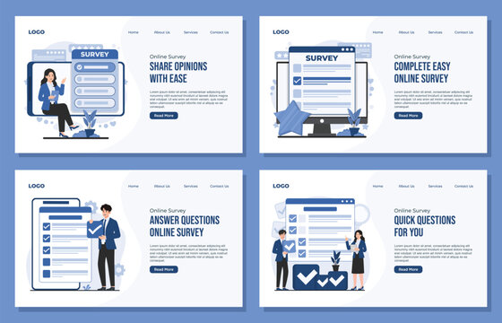 Landing page template Collection of online survey illustrations showing mobile feedback user review rating concepts designed for customer experience improvement data collection analysis needs
