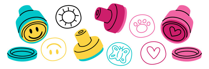 set of stamps drawing for the body of children of the 90s, 2000s. Flat color doodle illustration. variety of body designs. 90 children's toys were sold in kinder. bright stamp of drawings. Collection