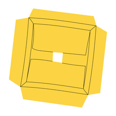 Cardboard box top view. A cardboard box for transportation. Flat isolated illustration with doodle elements. An open yellow cardboard box. Vector illustration