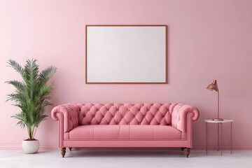 A pink tufted sofa is paired with a small table and lamp in a modern, elegant room decorated with plants