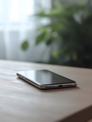 Modern Smartphone Technology: Stylish Mobile Device on Wooden Table with Sleek Design and Reflective Display, Perfect for Home Office Lifestyle and Digital Connectivity