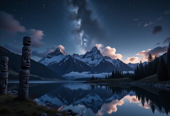 Starry night sky reflecting over mountains and lake with totem poles
