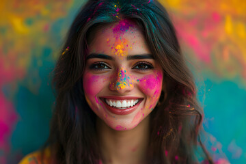 Obraz premium A smiling young woman enjoys a colorful festival celebration, playfully splashed with bright powders