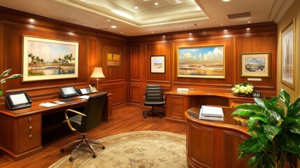 Fototapeta premium Luxury travel agency display with elegant brochures, fine leather chairs, and decor