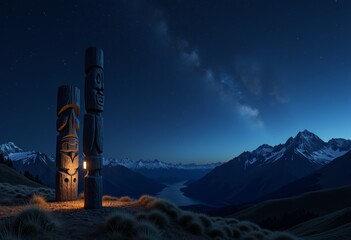 Night sky landscape with totem poles illuminated by starlight