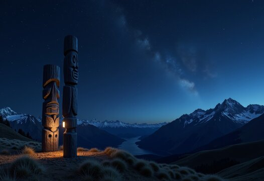 Night sky landscape with totem poles illuminated by starlight  