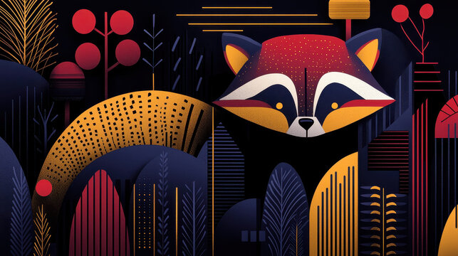 Playful raccoon illustration amidst geometric shapes against a dark background, offe copy space in the middle for text or design elements to be added effectively.