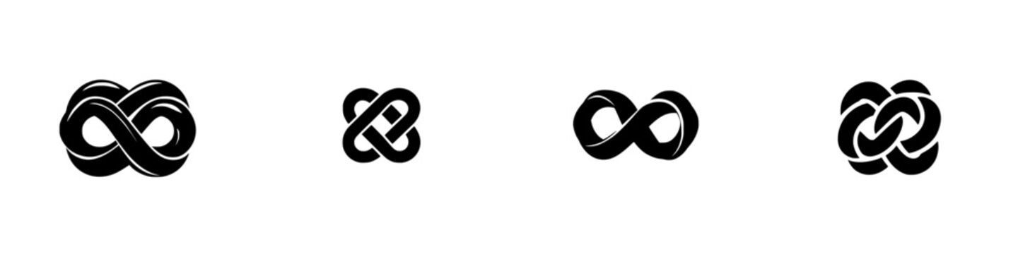 Vector illustration icons depicting various infinity symbols in black and white design for graphic use