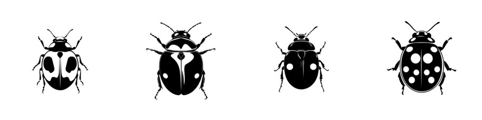 Vector illustration of ladybugs in black and white featuring four distinct designs