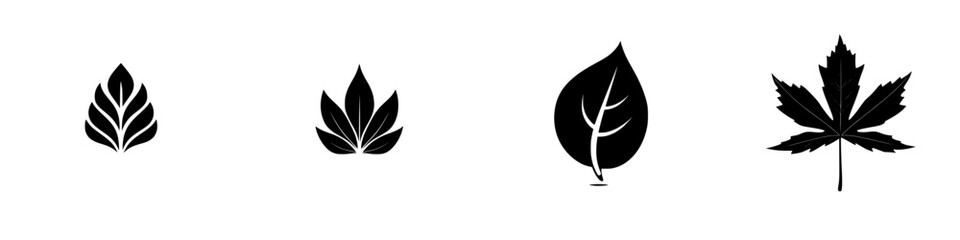 Black and white vector illustration of various leaf designs depicting nature and its elements