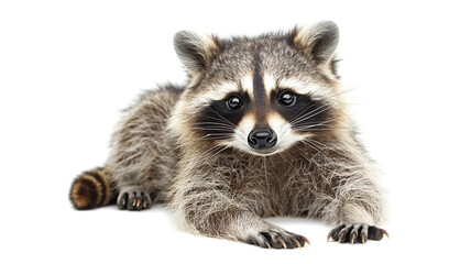 Fototapeta premium Cute raccoon lying down with its paws forward, isolated on a clean white background.