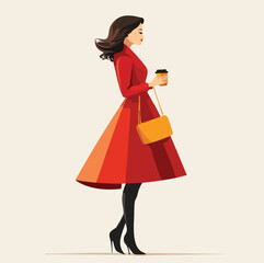 ai1745823557249_63.epsA stylish woman walking confidently while holding a takeaway coffee cup. She is wearing a fashionable red coat, black leggings, high heels, and carrying a yellow handbag. The ill