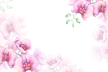 Fototapeta premium Pink orchid floral frame for invitations and cards. Hand-drawn watercolor illustration. Template with airy flowers. Perfect for wedding invitations, greeting cards, announcements, event programs