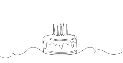 Birthday cake with candles one line drawing, minimalist design 
