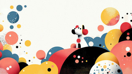 Abstract illustration featu a dog surrounded by colorful shapes offe a copy space ideal for pet safety tips and related educational materials.