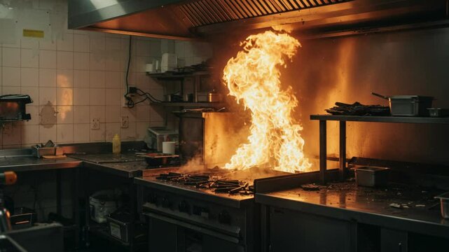 Intense Restaurant Kitchen Fire Blaze Dramatic Flames Engulfing Stovetop