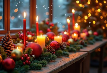 colorful festive holiday decorations arrangement rustic wooden table pine cones, ornaments, candles, pinecone, tablescape, winter, christmas, gift, scene