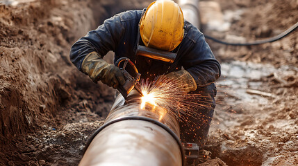 Obraz premium Worker Welding a Pipeline in Construction Site