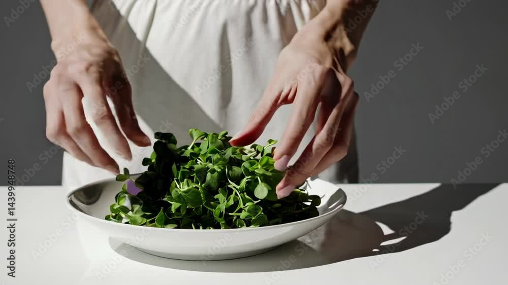 Poster female chef delicately arranges a small portion of fresh microgreens on a pristine white plate, set 