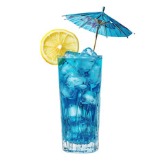 Bright blue cocktail with ice cubes, lemon slice, straw, and paper umbrella, isolated on a transparent background.