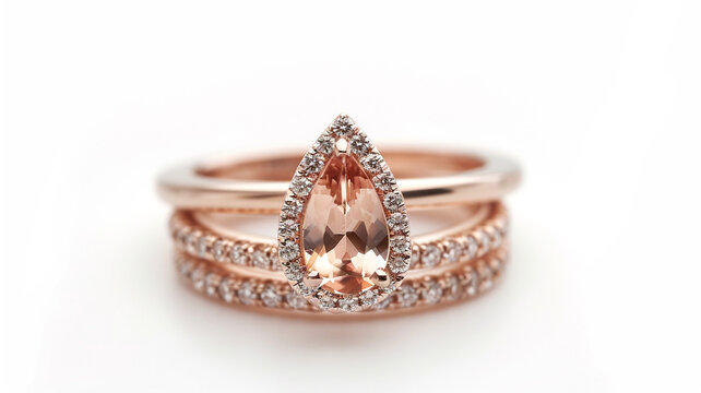 Elegant 14k rose gold pear morganite halo engagement ring with diamond bands. Romantic bridal set.