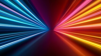The image contains vibrant, radiating lines of light in blue and orange-yellow hues, converging at a central vanishing point, creating a dynamic and energetic visual effect.