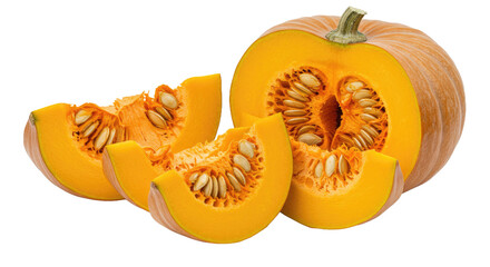 Fresh Pumpkin Whole Sliced Orange Flesh Seeds Isolated Transparent Background PNG Vivid Clean Vegetable