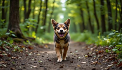 Energetic dog running in a lush forest path nature photography vibrant green environment close-up view