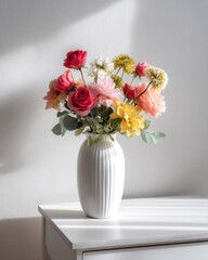 A vase of colorful flowers, placed on a white table, bathed in soft natural light, isolated on clean white background