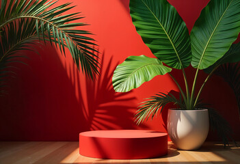 A red podium with tropical leaves inside a circle, against a red background.