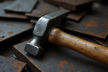 Close-up of a worn hammer handle and head resting against old metal sheets, rich texture details, cool-toned color palette