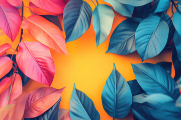 Fototapeta premium Colorful Leaves Graphic Design. This vibrant nature-inspired graphic design showcases colorful leaves in pinks, blues, and orange against a warm background. A perfect visual for artistic projects.