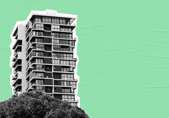 Halftone modern multi storey tall apartment building on glued retro paper background. Minimalist collage.