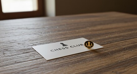 A Close-up View of a Chess Club Card Featuring a Chess Piece on a Wooden Table Surface, Capturing the Essence of Strategy and Intellectual Play in a Cozy Atmosphere