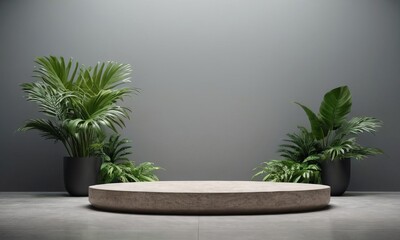 Tranquil minimalist stage with tropical plants and earthy platform display