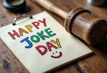 Playful message celebrating Happy Joke Day on a wooden desk  