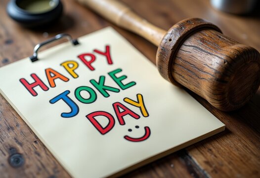 Playful message celebrating Happy Joke Day on a wooden desk  